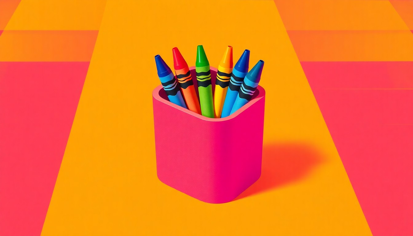 A bold, high-contrast silkscreen print of a 3D-printed crayon holder, repeated in a grid pattern against a vibrant neon color background, conceptually representing the joy and creativity of the student-designed project.