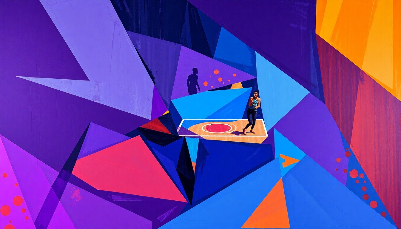 A cubist, geometric painting depicting a fragmented WNBA basketball game, with sharp planes of color and overlapping shapes representing the dynamic action on the court.