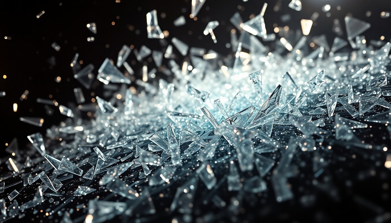 An extreme close-up photograph of shattered glass and glittering shards in dramatic high-contrast studio lighting, conceptually representing the intense, high-stakes world of Marvel's 'Brand New Day' era for Spider-Man.