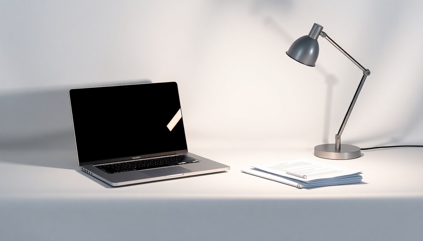 A high-end, photorealistic studio still-life photograph featuring a sleek, silver laptop computer, a modern desk lamp, and a stack of business documents arranged elegantly on a clean, white seamless background. The objects are lit dramatically with sharp shadows, conceptually representing the data-driven, performance-focused approach of Digital.Marketing's AI-powered services.