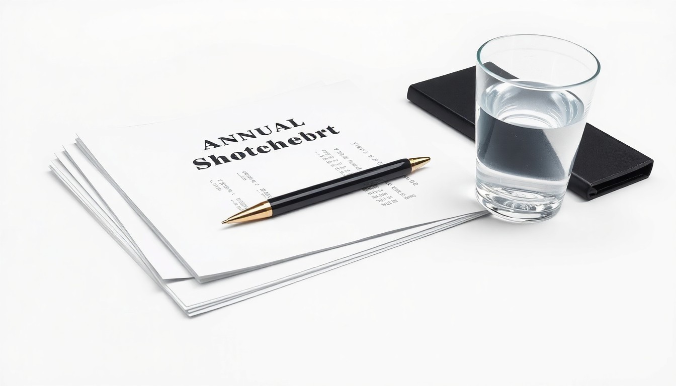 A photorealistic studio still life featuring a stack of financial reports, a metal pen, and a glass of water on a clean white background, conveying the formal corporate nature of an annual shareholder meeting.