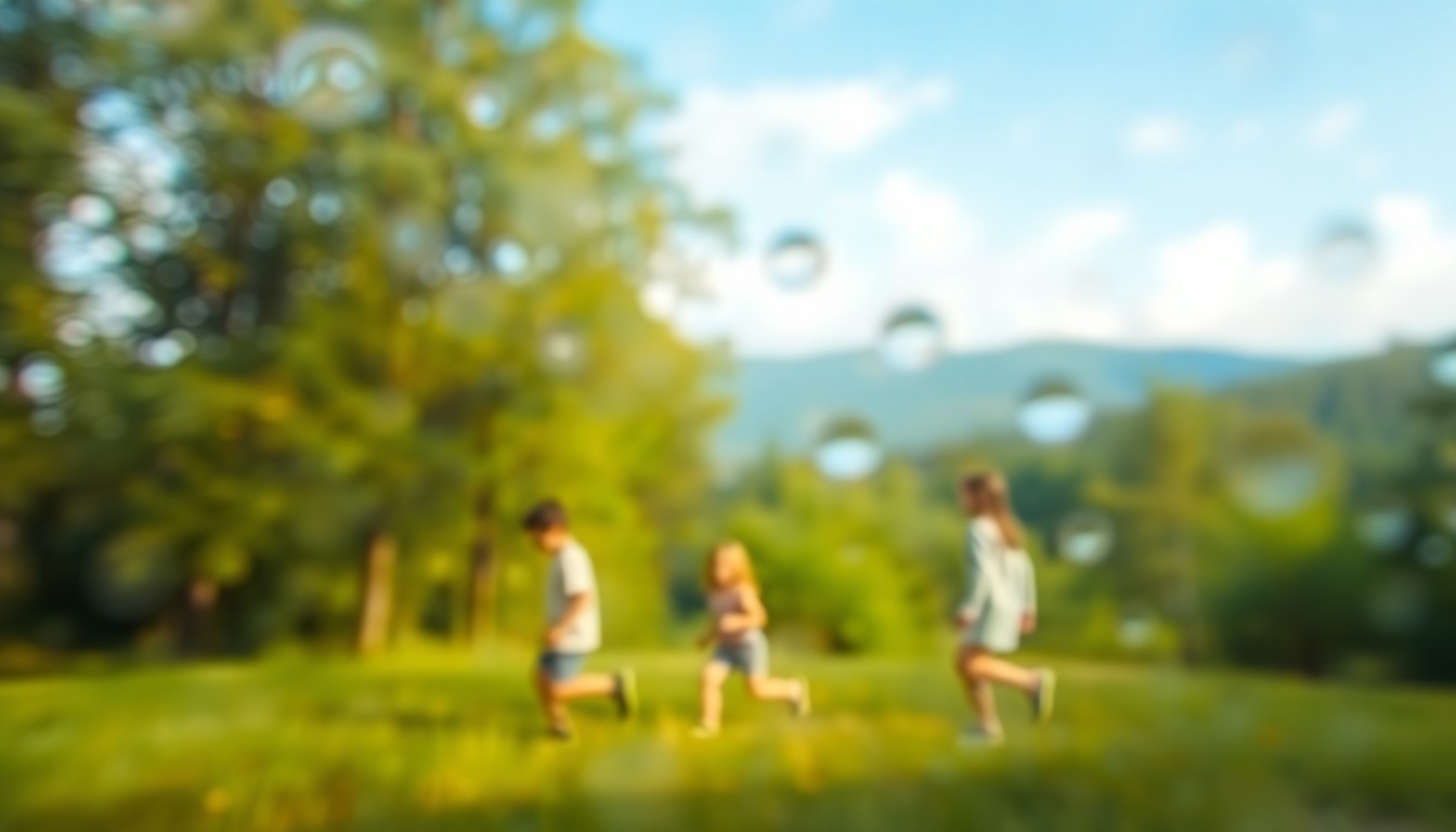 An abstract, impressionistic photograph depicting a blurred, dreamlike scene of children playing in a lush, green forest, with soft pools of warm light and color creating a sense of wonder and connection with the natural world.