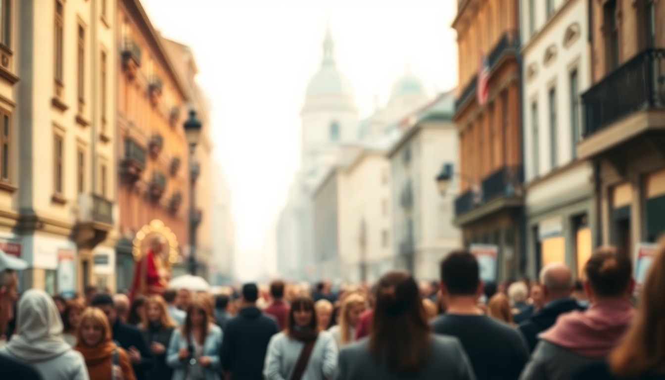 An out-of-focus photograph depicting a crowd of people walking together down a city street, with the buildings and surroundings blurred in the background, conveying a sense of community, reflection, and the solemn atmosphere of a religious procession.