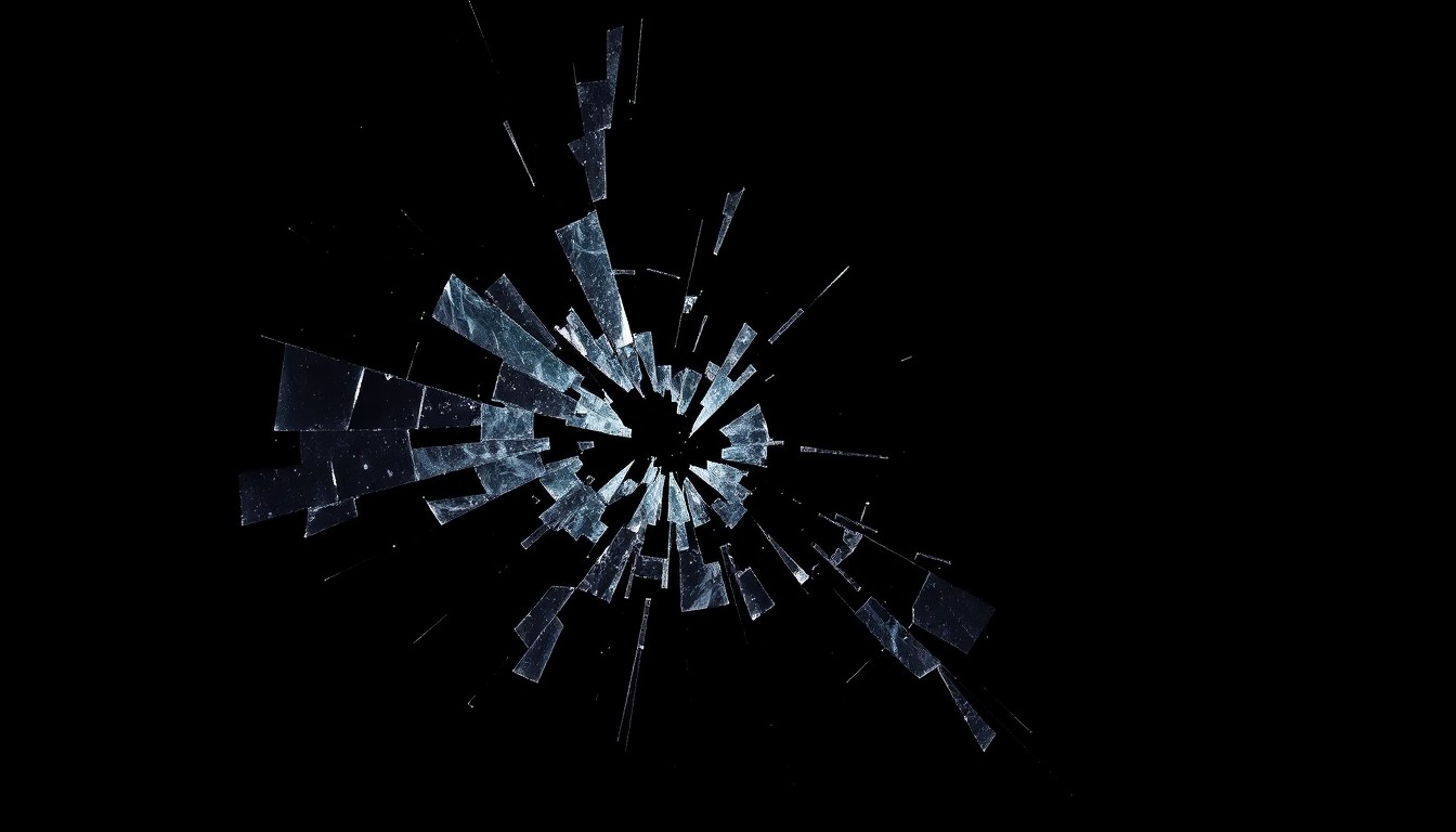 An extreme close-up photograph of a shattered car window or bullet casing against a pitch-black background, lit by a harsh, direct camera flash, conceptually representing the violence and investigation of this drive-by shooting crime.