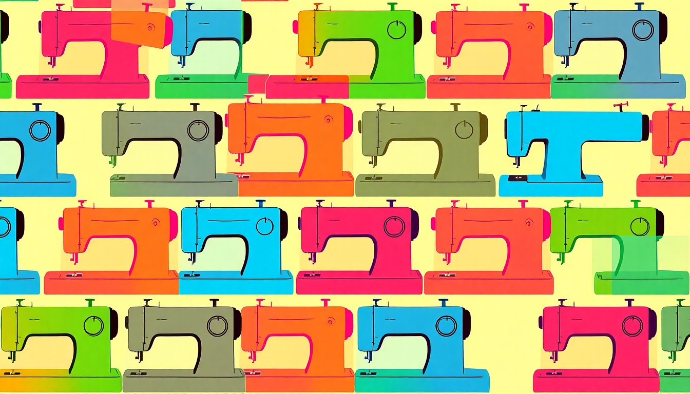 A bold, colorful silkscreen-style illustration featuring a sewing machine repeated in a grid pattern, capturing the vibrant energy of the modern sewing renaissance.
