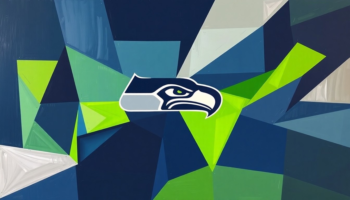 A fragmented, abstract painting depicting a Seattle Seahawks football game, with sharp geometric shapes and planes in the team's colors representing the dynamic action on the field.