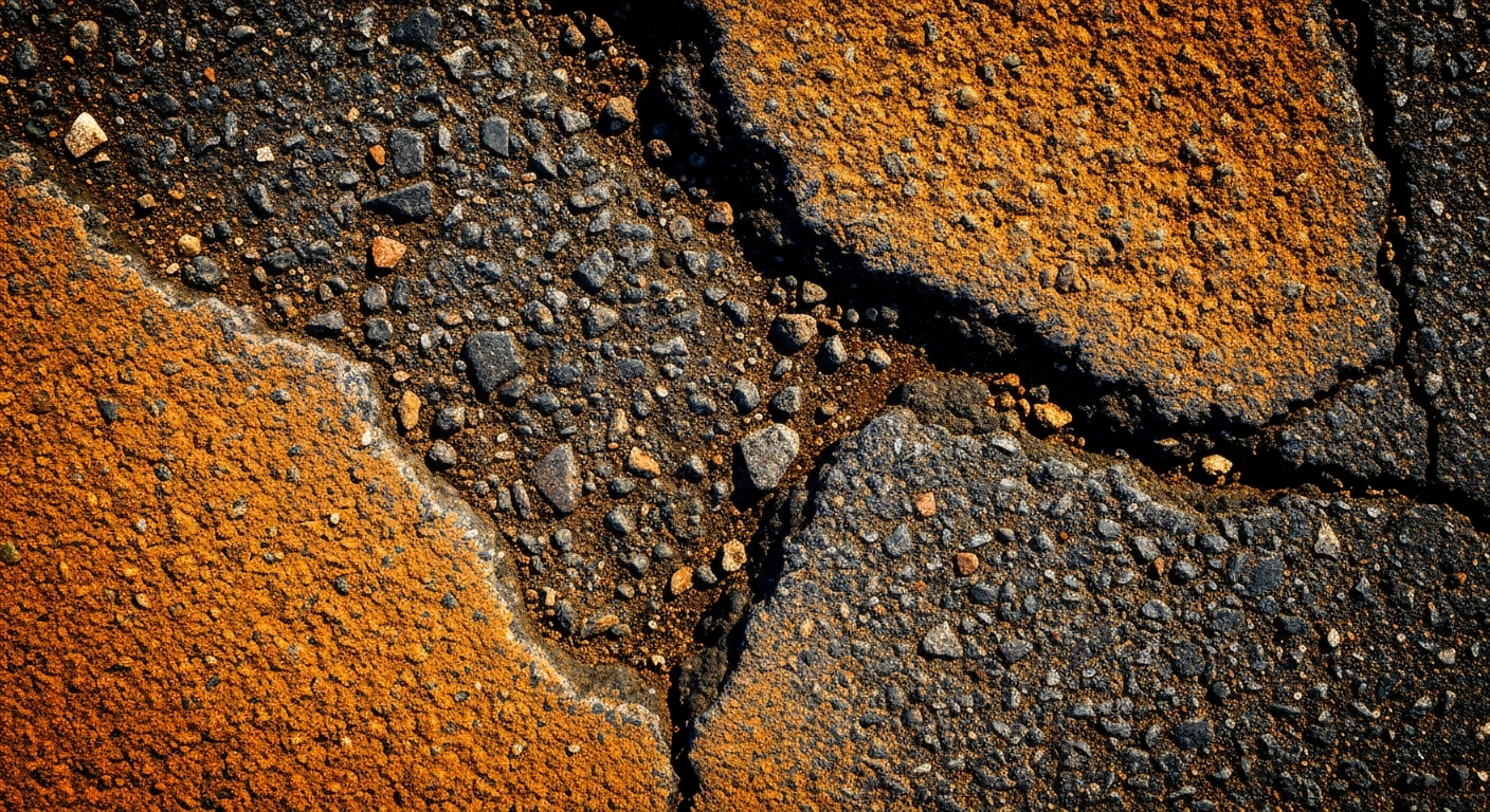 An extreme close-up of a cracked and pitted asphalt road surface, with visible gravel and pebbles, conveying the need for infrastructure maintenance.