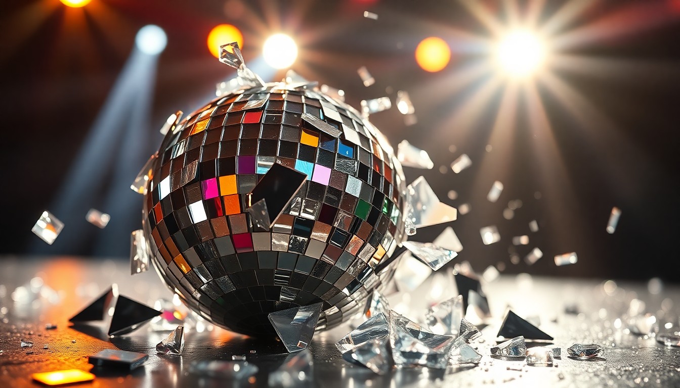 An extreme close-up photograph of shattered, glittering glass fragments reflecting dramatic studio lighting, conceptually representing the emotional rollercoaster of a game show contestant's experience.