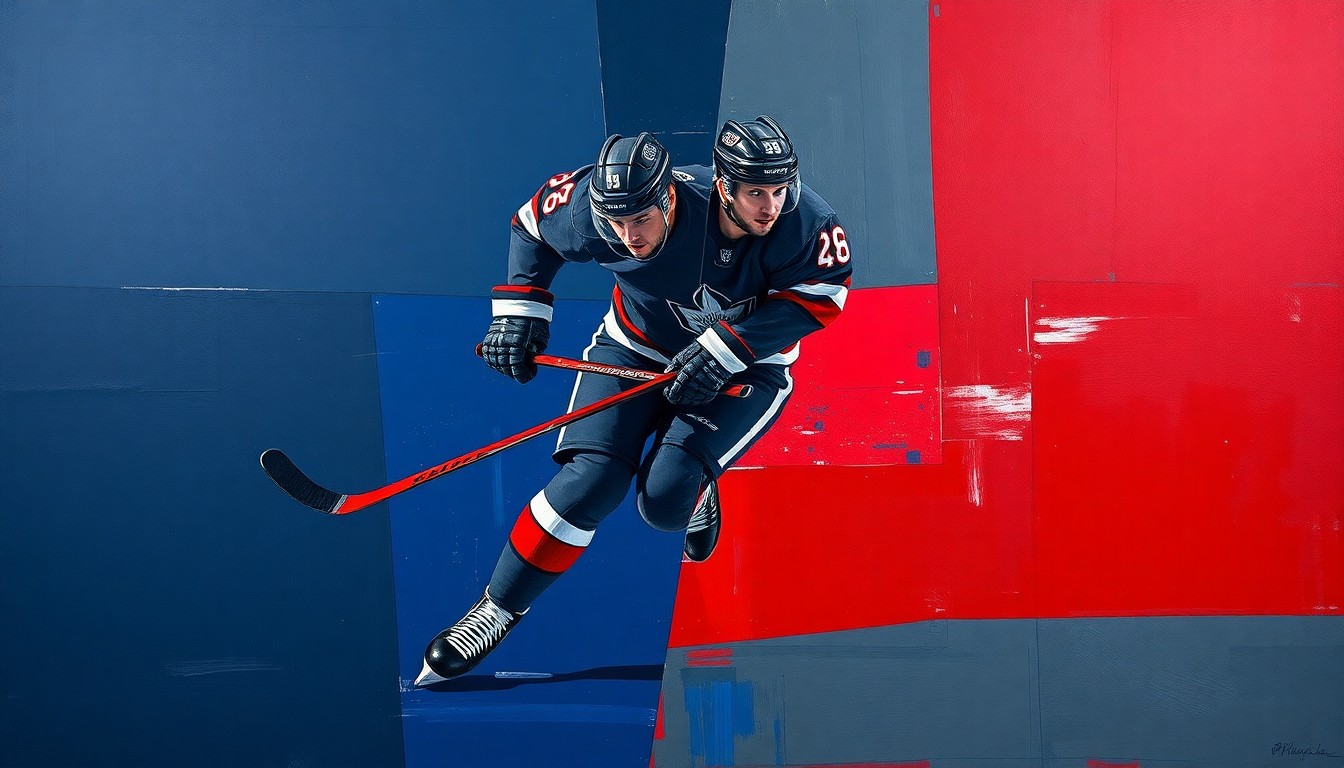 A fragmented, cubist-style painting depicting a hockey player in motion, their form broken down into sharp, overlapping geometric shapes in shades of blue, gray, and red, conveying the conceptual idea of a player's career path diverging from a team's plans.