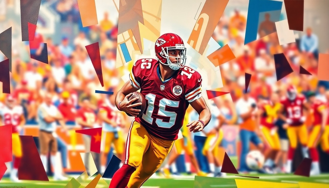 A fragmented, geometric painting in bold red and gold hues depicting a football player in motion, conceptually representing the difficulties of evaluating and nurturing young draft picks in the NFL.