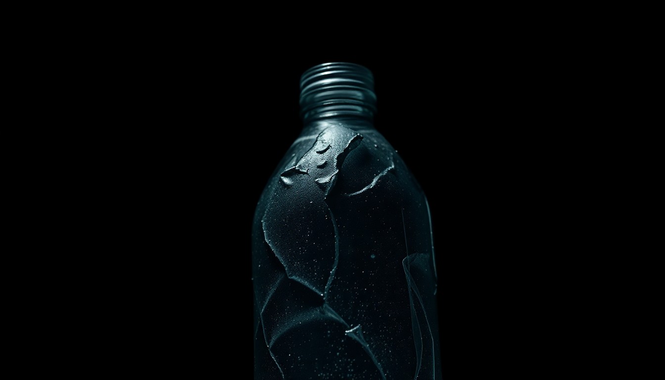 An extreme close-up photograph of a crumpled, dented metal water bottle against a pitch-black background, lit by a harsh, direct camera flash, conceptually representing the weapon used in a fatal school attack.