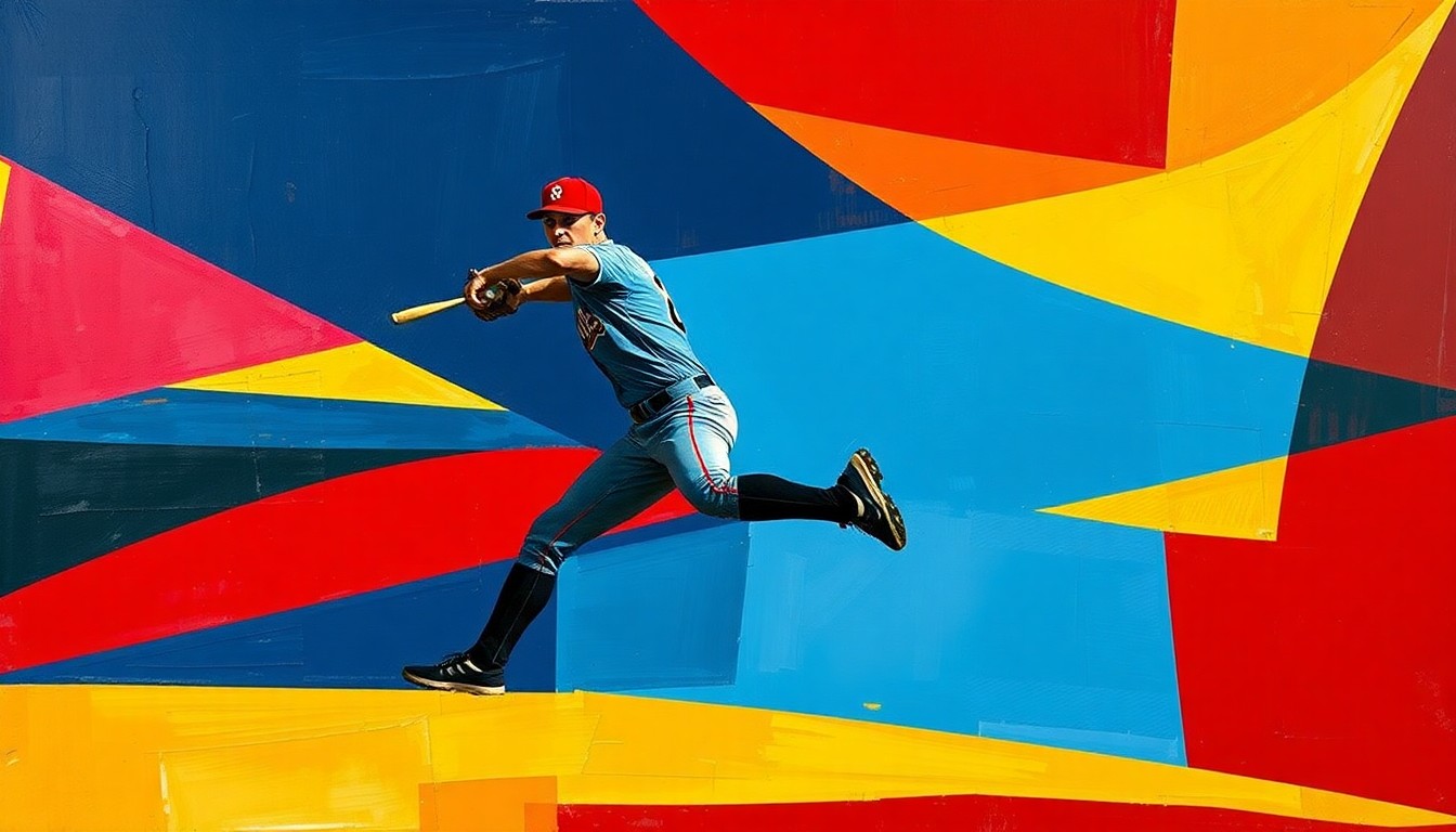 A fragmented, geometric painting depicting the motion of a baseball pitcher's windup and delivery, with sharp planes of navy, crimson, and gold creating a dynamic, multi-angled representation of the sport.