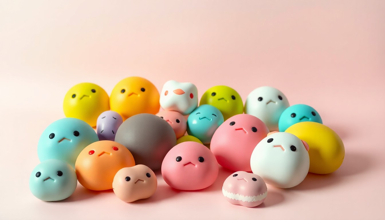 A high-end, photorealistic studio still-life photograph featuring a collection of colorful, rubbery NeeDoh squishies in various shapes and textures, arranged elegantly on a clean, monochromatic background to represent the abstract concept of an unexpected toy trend.