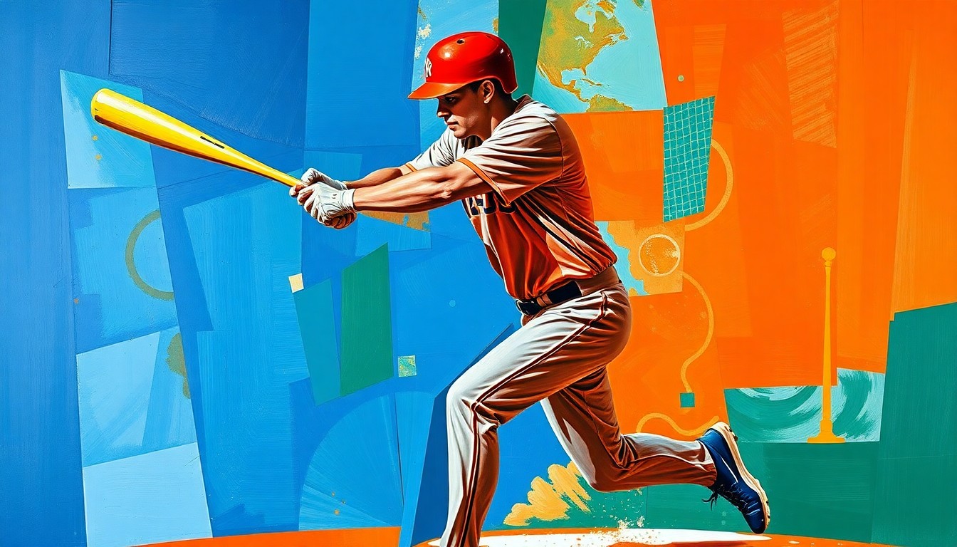 A fragmented, geometric painting depicting a baseball player in motion, their form broken down into sharp, overlapping planes of color, conveying the dynamic energy of the sport.