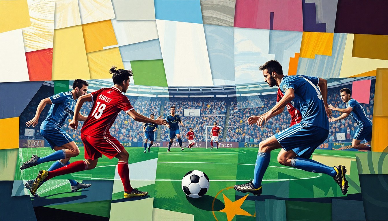 A cubist, geometric painting depicting the fragmented action of a soccer match, with overlapping planes of color and shape representing the dynamic movement of the players and ball.