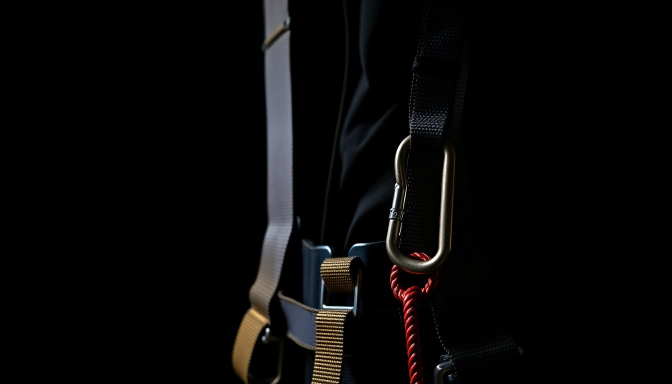 An extreme close-up photograph of a construction worker's safety harness, carabiner, and tether equipment against a pitch-black background, conceptually representing the failure of critical safety measures that led to a fatal fall.