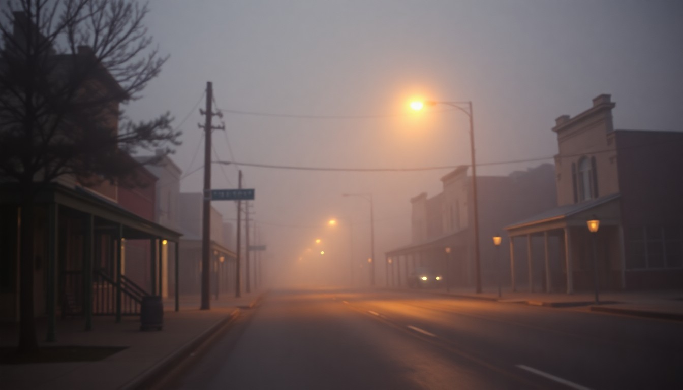 An abstract, impressionistic photograph in soft, warm tones depicting the quiet, contemplative mood of a small-town street at dusk, conveying a sense of nostalgia and the passage of time.