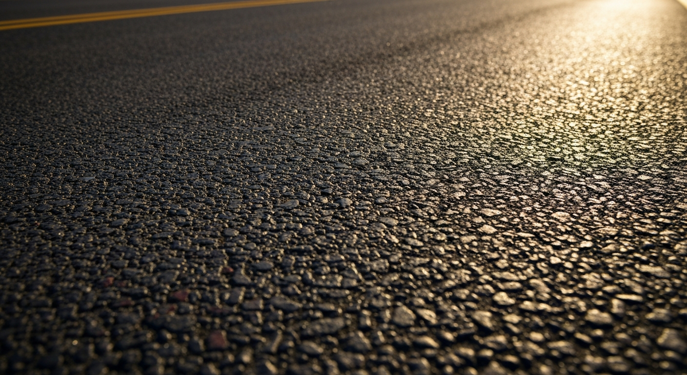 An extreme close-up of the rough, pebbled surface of a road, with the texture and colors of the asphalt and gravel highlighted in dramatic lighting, conveying the raw materials and infrastructure of the Hornell Gateway Corridor Project.