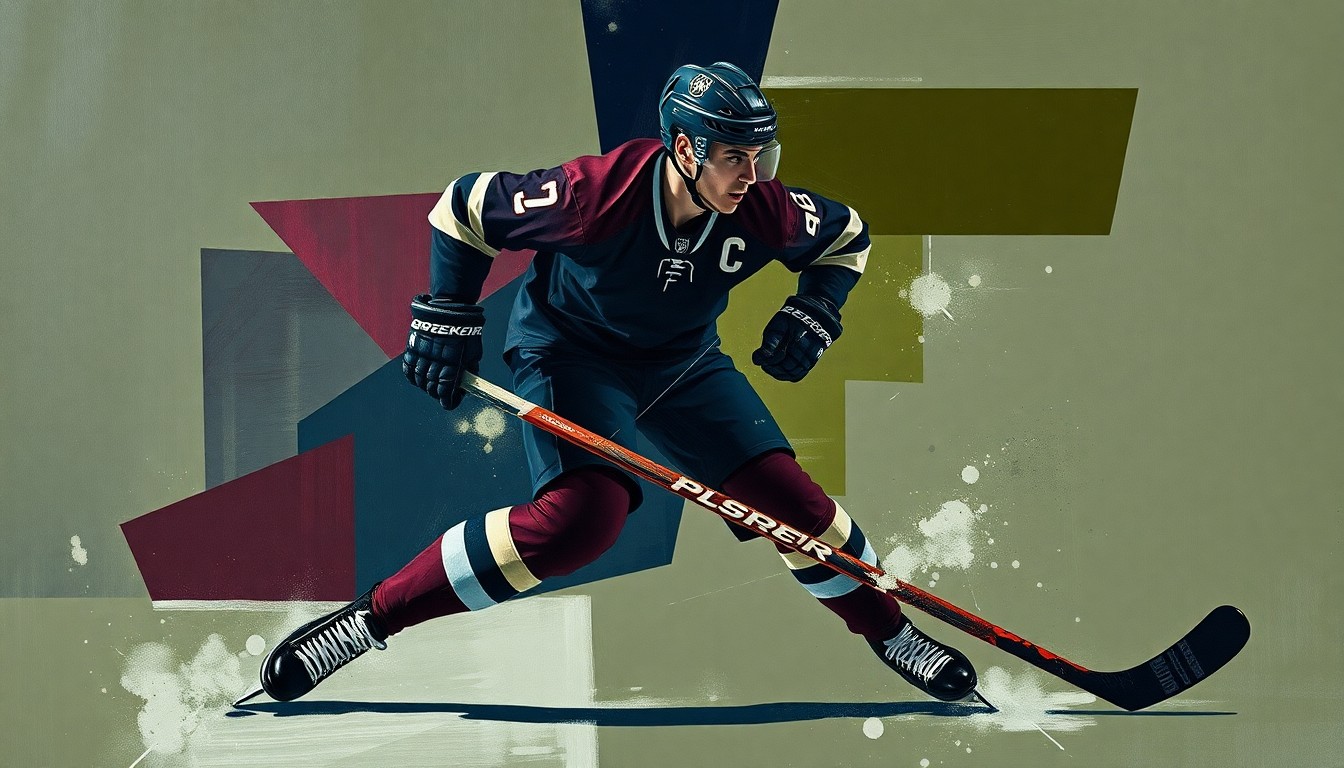 A cubist, geometric painting depicting a hockey player in mid-action, with their body broken down into sharp, overlapping planes of navy, maroon, and olive green, conceptually representing the impact of Severson's absence on the Blue Jackets' defense.