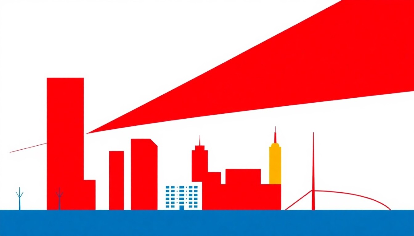 A minimalist composition of overlapping triangles and rectangles in shades of blue, red, and yellow, conceptually representing the complex financial challenges facing a city in crisis.