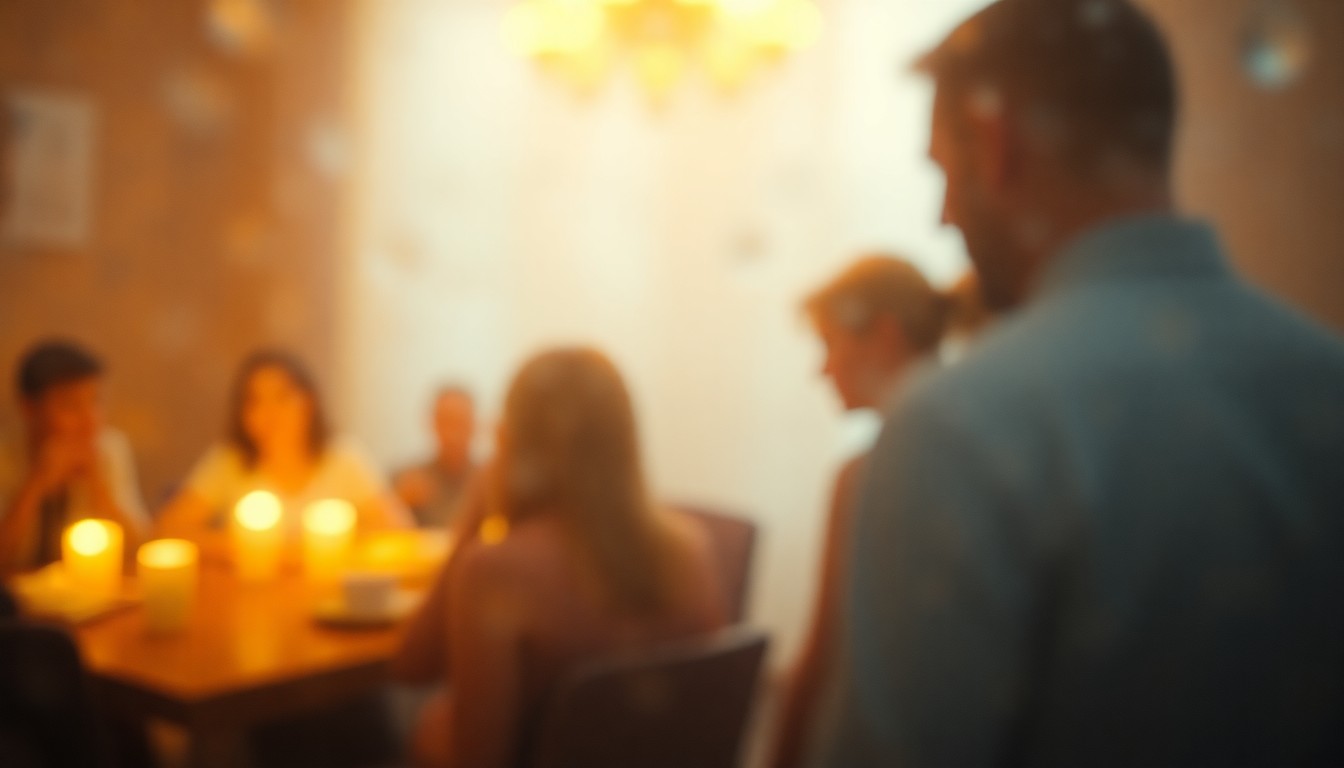 An abstract, impressionistic scene of blurred, warm-toned shapes and soft light, conveying the somber yet reflective mood of a memorial service.