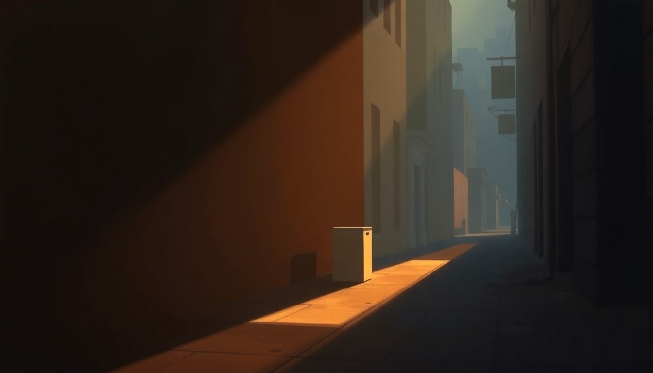 A photorealistic painting of a lone ballot box sitting in a dimly lit urban alleyway, with warm diagonal sunlight and deep shadows creating a sense of isolation and tension.