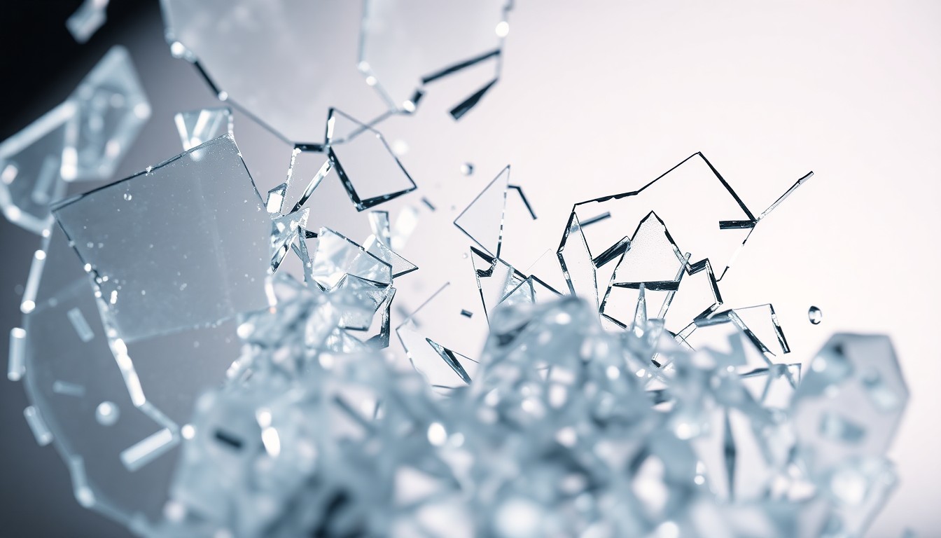 An abstract close-up photograph of shattered glass shards reflecting dramatic studio lighting, conveying the fragility of mental health.
