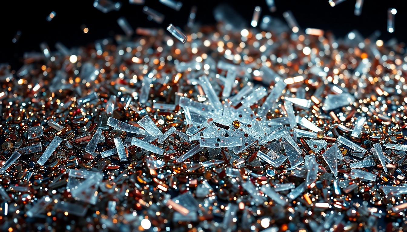 An abstract close-up photograph featuring a dramatic, high-contrast composition of glittering sequins and shattered glass, conceptually representing the glamour and high-stakes drama of a prestige television series.