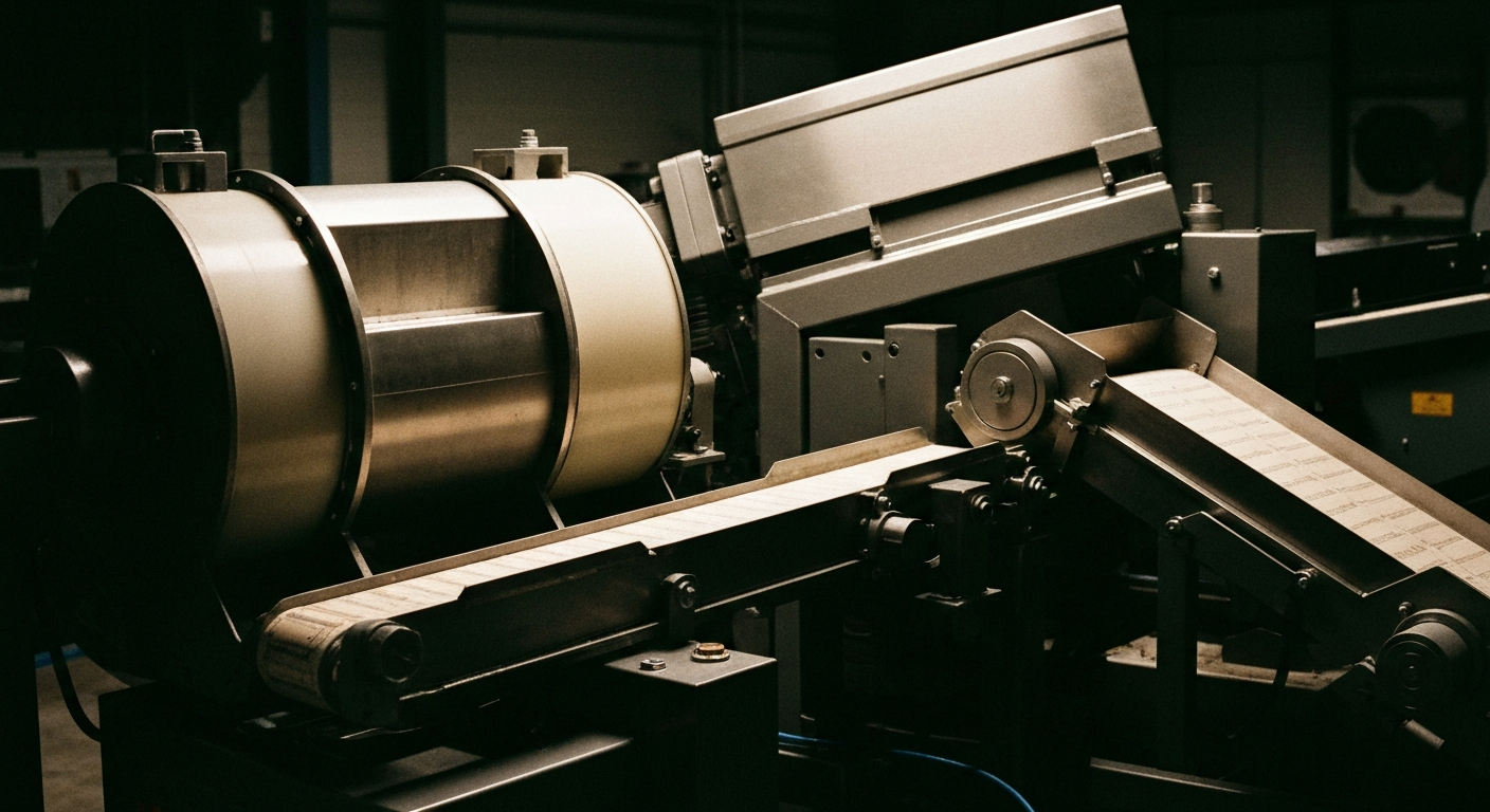 An extreme close-up of gears, levers, and other industrial components used in agricultural processing equipment, dramatically lit to create a sense of power and scale without any identifying text or branding.