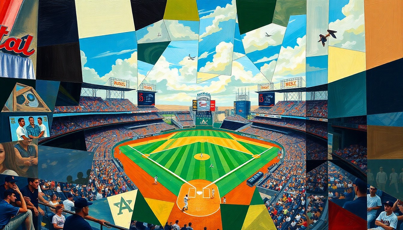 A cubist-style painting depicting a baseball game broken down into fragmented, overlapping geometric shapes and planes, conveying the analytical and strategic nature of sports betting.