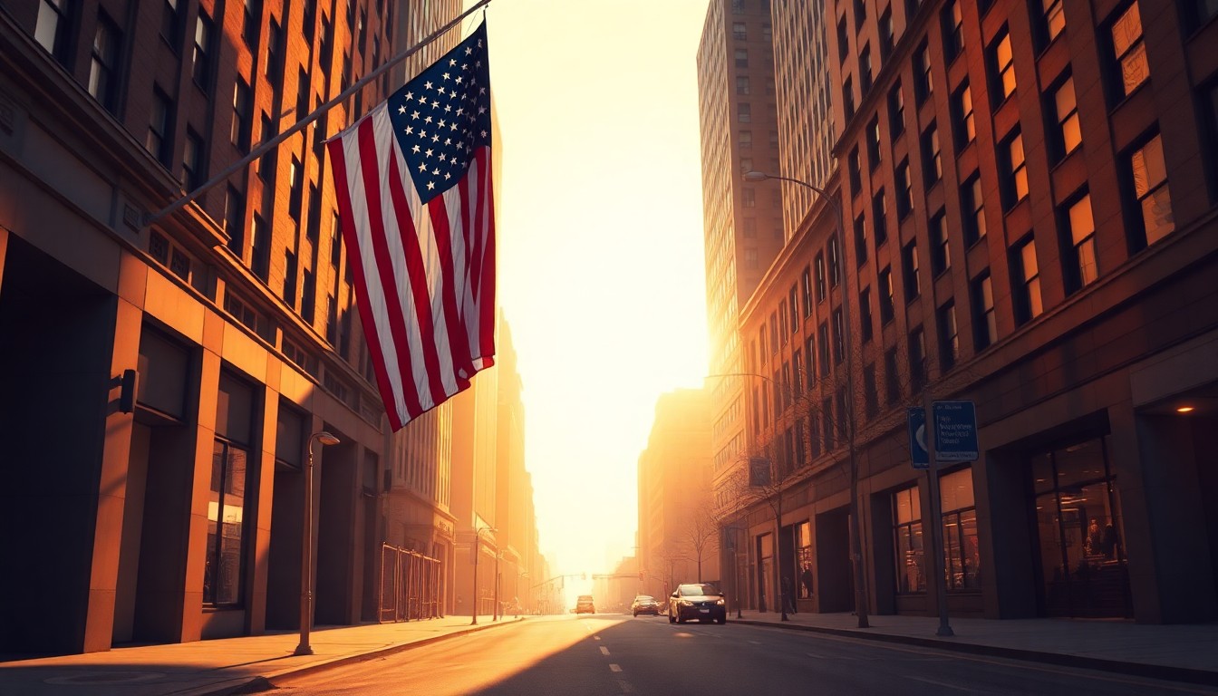 A serene, cinematic painting of an American flag hanging alone on a deserted city street, bathed in warm, diagonal sunlight and deep shadows, conceptually conveying the reflective, civic-minded spirit of the 'No Kings' protests.