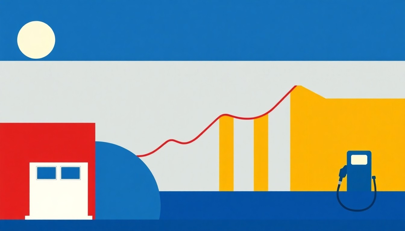 A geometric abstract illustration using bold shapes and primary colors to conceptually represent the rising cost of gasoline and its impact on the economy.