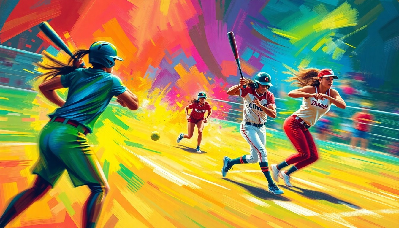 An abstract, expressionist painting in neon colors depicting the dynamic motion and raw power of a college softball game, with blurred player movements and trails of light from the ball and bats.