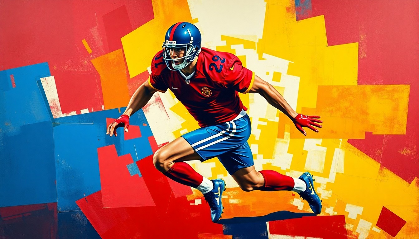 A cubist-style painting depicting a football player in motion, broken down into sharp, overlapping geometric shapes in vibrant colors, conveying the dynamic energy of the sport.