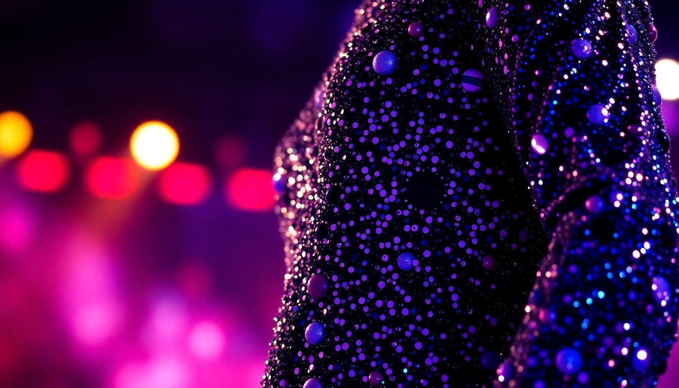 An extreme close-up photograph showcasing the intricate, sparkling textures of a galaxy-themed costume, conceptually representing the glamour and drama of a reality TV singing competition.