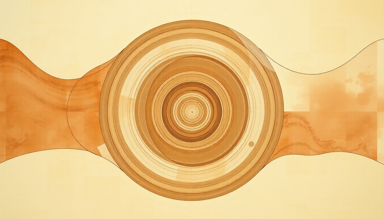 A highly textured, abstract painting in earthy tones featuring sweeping geometric shapes, concentric circles, and precise botanical spirals, conceptually representing the complex biological systems that support a mountain lion's life cycle.