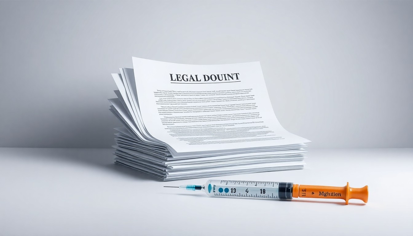 A photorealistic studio still-life featuring a stack of legal documents and a broken syringe on a clean, monochromatic background, symbolizing the legal battle and implications for a biotech company's drug development.