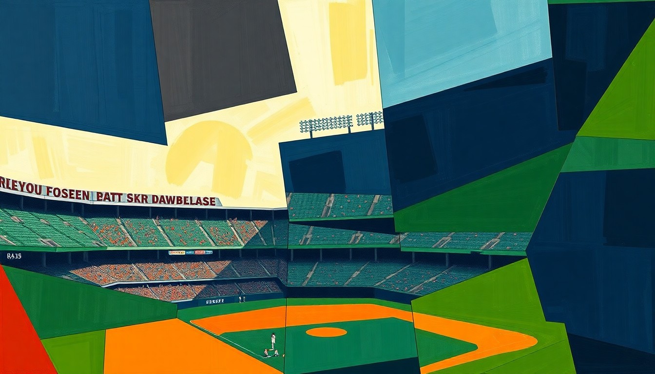 A fractured, geometric painting in shades of blue, green, and orange, depicting an abstract baseball stadium or game scene broken down into sharp, overlapping planes, conceptually representing the complex history and leadership of the New York Yankees.