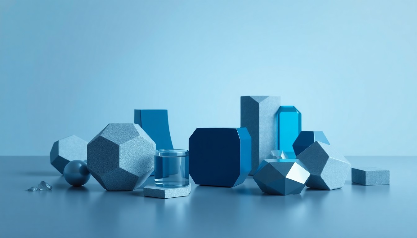 A photorealistic studio still life featuring a collection of polished, geometric objects in shades of gray and blue on a clean, monochromatic background, conceptually representing the complex financial and regulatory landscape facing biotech companies.