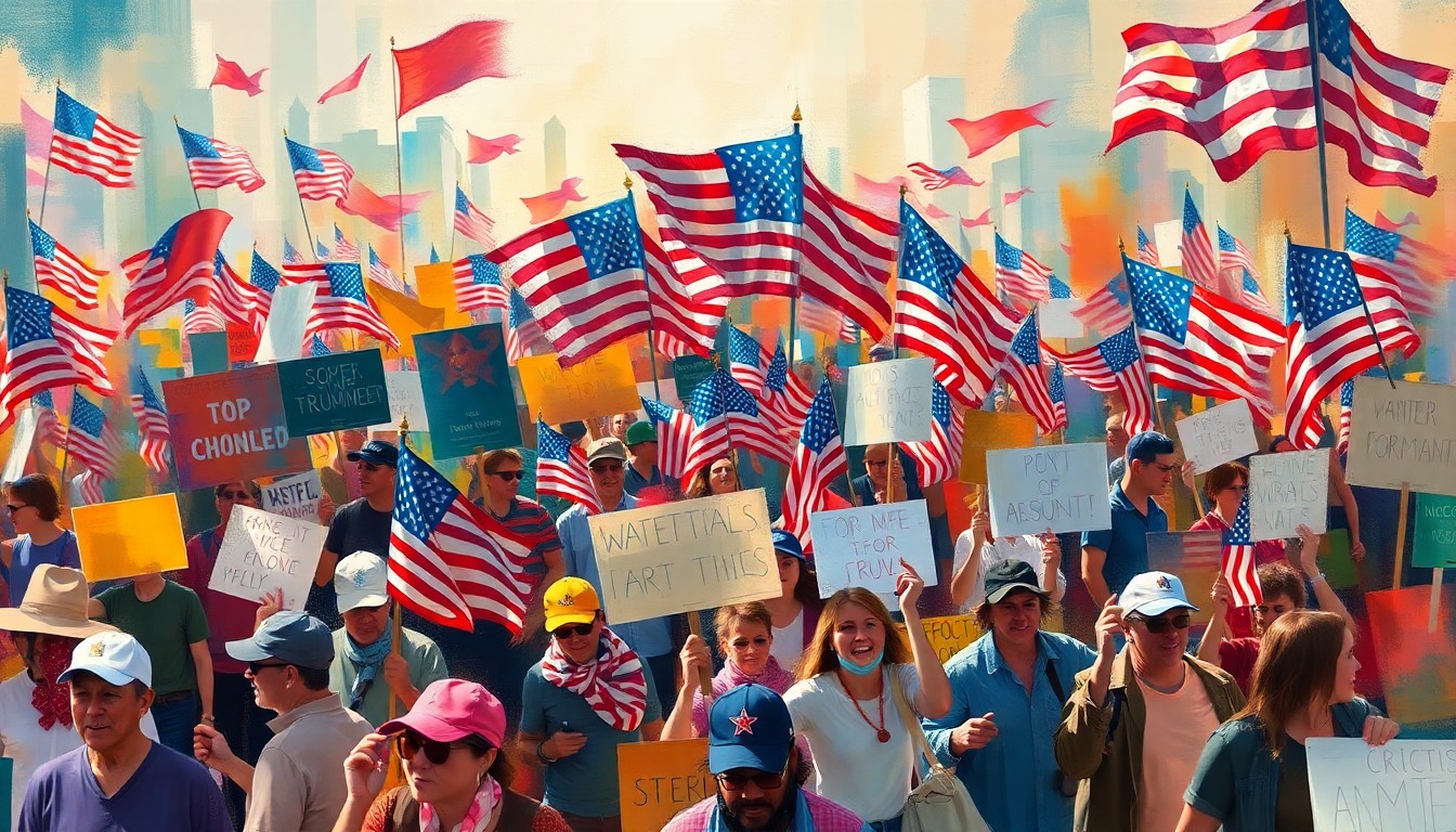 A colorful, fragmented painting depicting protesters marching with American flags and signs, conveying the energy and momentum of the nationwide 'No Kings' demonstrations.