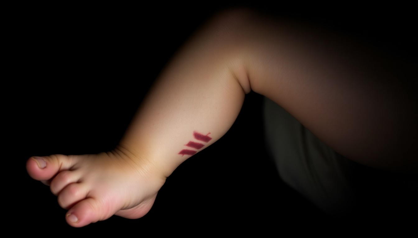 An extreme close-up of a child's bruised and patterned leg, captured in stark, dramatic lighting to convey the serious, investigative nature of this crime.