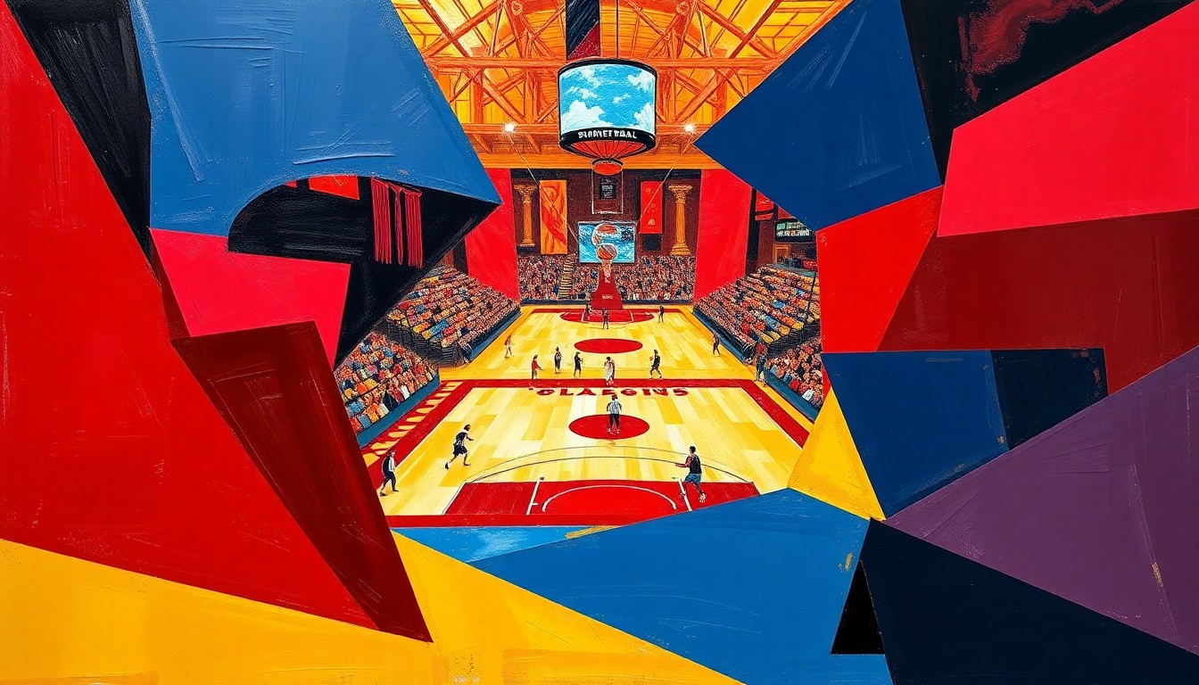 A cubist-style painting depicting a fragmented, multi-perspective view of a college basketball game, with sharp geometric shapes in navy blue, crimson red, and gold, conceptually representing the complex and fractured nature of the regulation of college sports.