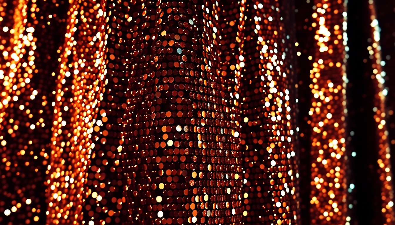 An extreme close-up photograph of shimmering, high-contrast sequins in a dramatic studio lighting setup, capturing the glamour and energy of Shakira's upcoming tour.