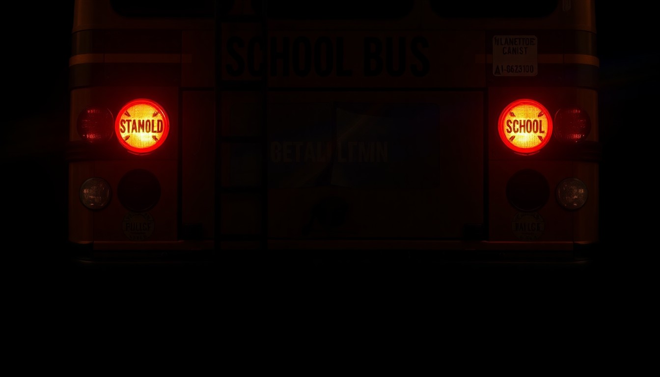 An extreme close-up photograph of the crumpled rear of a school bus, lit by a harsh, direct camera flash against a pitch-black background, conveying the stark, gritty aftermath of the collision.