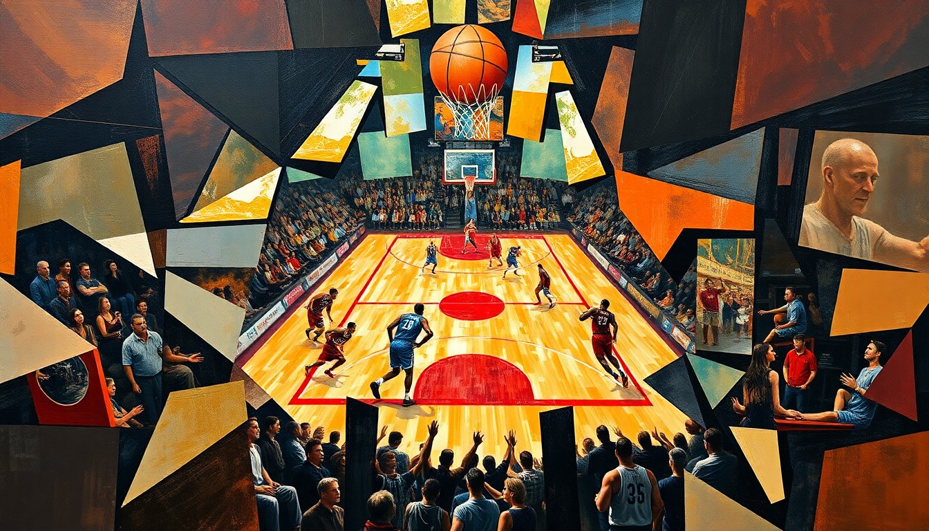 A cubist, geometric painting depicting a basketball game or match, with the players and court broken down into sharp, overlapping planes of color and shape, conveying the intensity and dynamism of the sport.