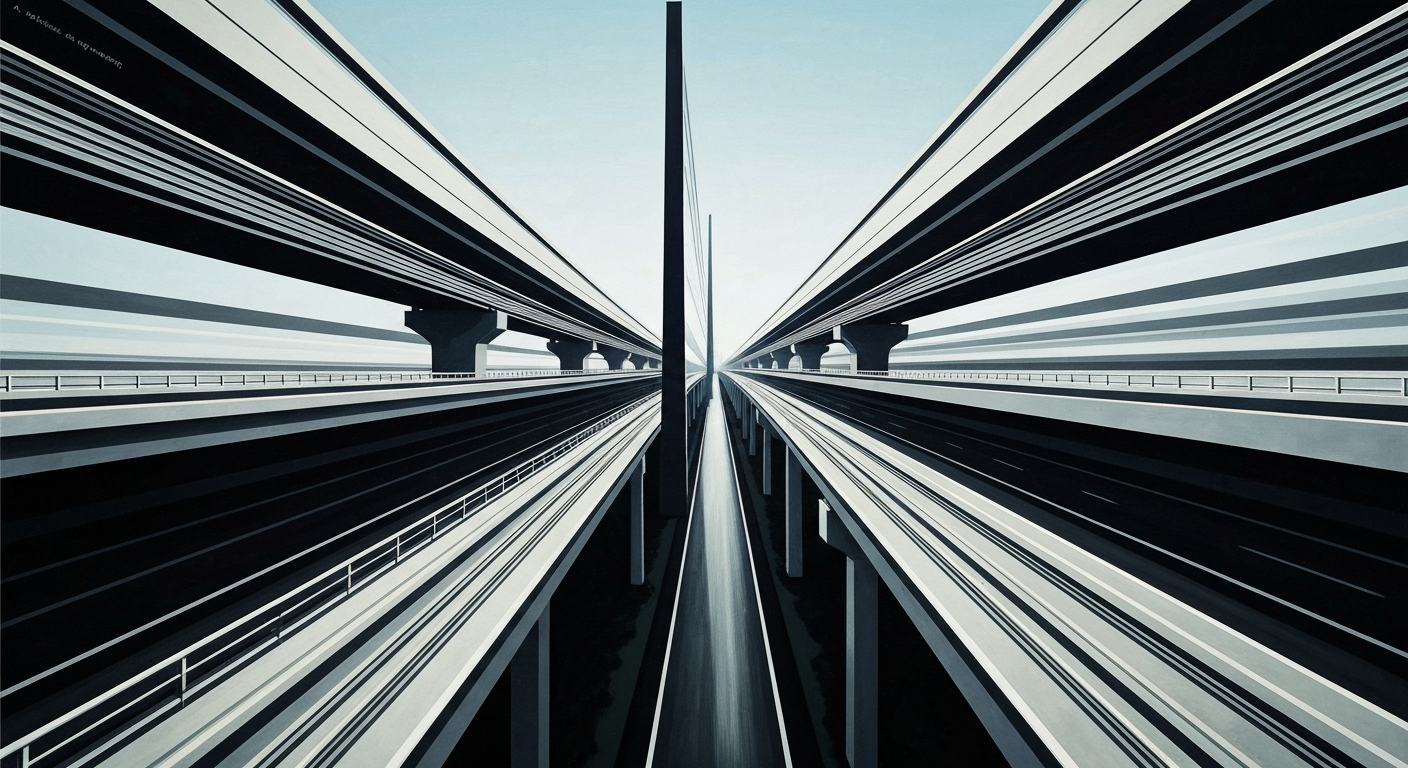 A highly stylized, geometric illustration depicting the sweeping curves and towering scale of a major highway construction project, rendered in the bold, streamlined Art Deco style of A.M. Cassandre.