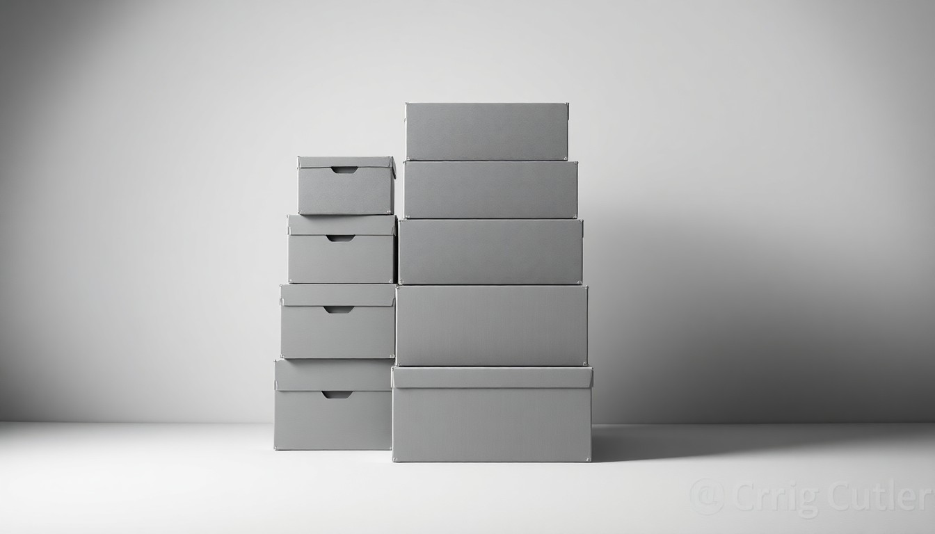 A photorealistic studio still-life photograph featuring a stack of neatly organized storage boxes in various shades of gray, placed on a clean, monochromatic background and lit with dramatic studio lighting to represent the abstract concepts of corporate strategy and finance in the self-storage industry.