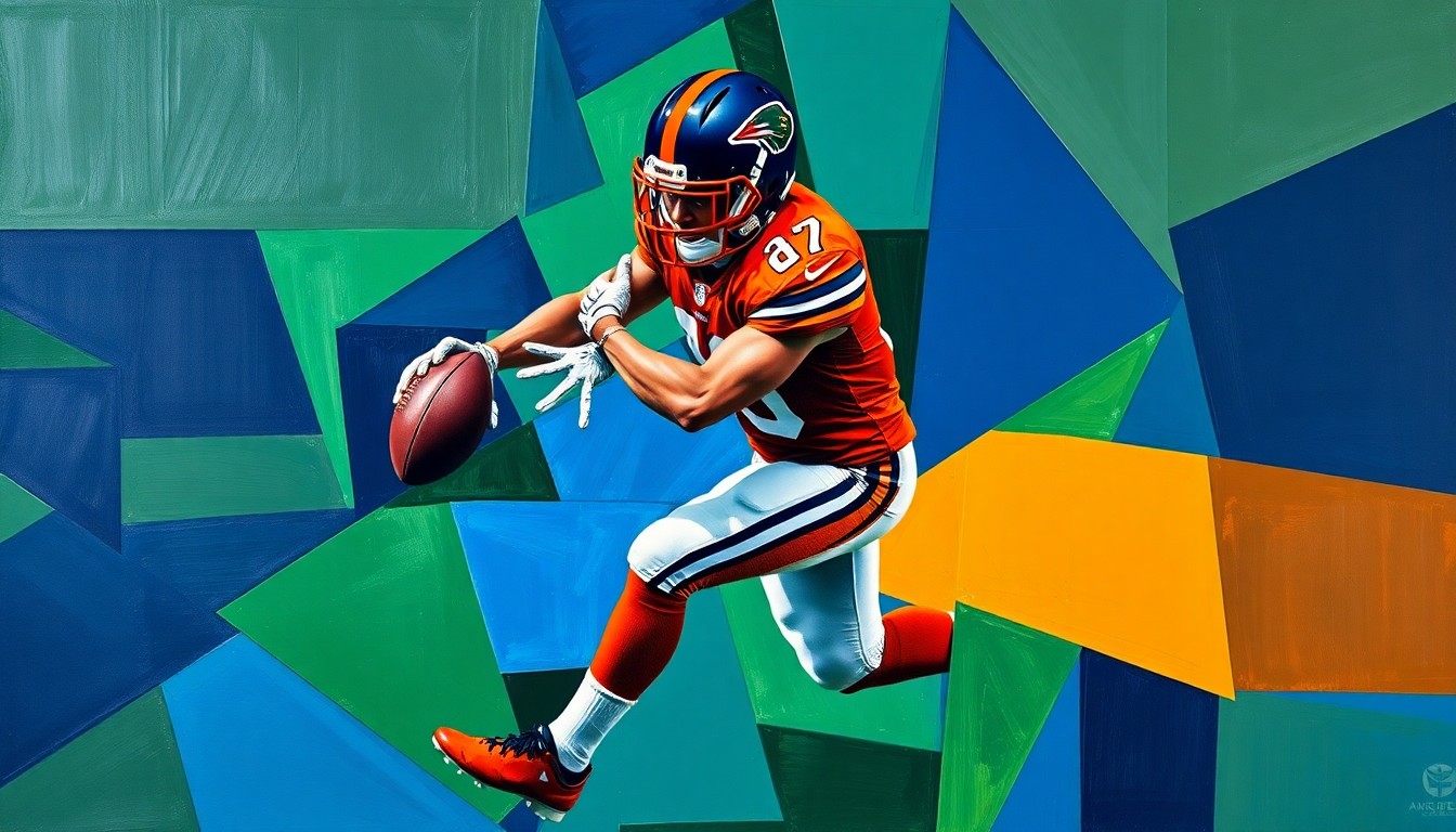 A fragmented, geometric painting depicting the dynamic motion of a defensive back intercepting a pass, with sharp planes of navy, green, and orange conveying the intensity of the play.