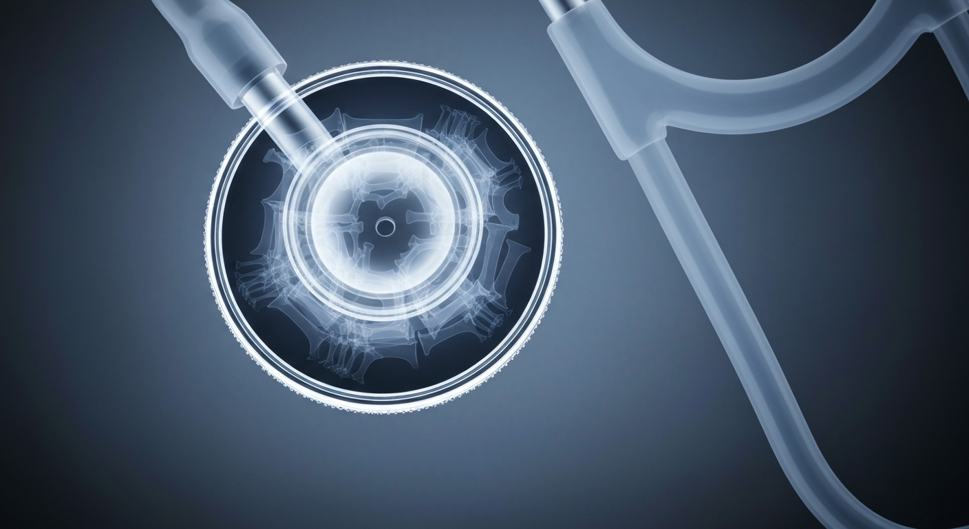 An extreme close-up X-ray photograph showing the delicate internal components of a stethoscope, conveying the specialized expertise that will be lost with the departure of the veteran ER doctors.