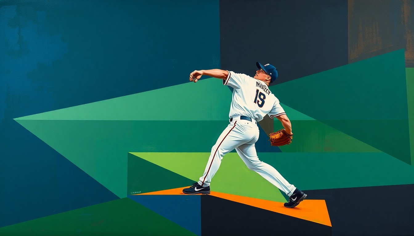 A fragmented, geometric painting depicting the various angles and movements of a baseball pitcher's delivery, rendered in a palette of navy, green, and orange.